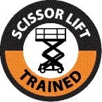 NMC - Scissor Lift Trained, Hard Hat Label - Round, Black & Orange on White, 0.004" Thick, Indoor or Outdoor, Adhesive Backed, For Accident Prevention - Exact Tooling