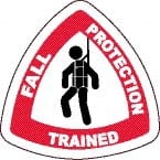 NMC - Fall Protection Trained, Hard Hat Label - Diamond, Black & Red on White, 0.004" Thick, Indoor or Outdoor, Adhesive Backed, For Accident Prevention - Exact Tooling