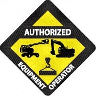 NMC - Authorized Equipment Operator, Hard Hat Label - Diamond, Black & White on Yellow, 0.004" Thick, Indoor or Outdoor, Adhesive Backed, For Accident Prevention - Exact Tooling