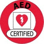 NMC - AED Certified, Hard Hat Label - Round, Black & Red on White, 0.004" Thick, Indoor or Outdoor, Adhesive Backed, For Certified Operator - Exact Tooling