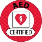NMC - AED Certified, Hard Hat Label - Round, Black & Red on White, 0.004" Thick, Indoor or Outdoor, Adhesive Backed, For Certified Operator - Exact Tooling