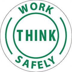 NMC - Work Think Safely, Hard Hat Label - Round, Green on White, 0.004" Thick, Indoor or Outdoor, Adhesive Backed, For Accident Prevention - Exact Tooling