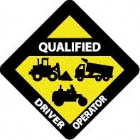 NMC - Qualified Driver Operator, Hard Hat Label - Diamond, Black & White on Yellow, 0.004" Thick, Indoor or Outdoor, Adhesive Backed, For Accident Prevention - Exact Tooling