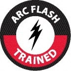 NMC - Arc Flash Trained, Hard Hat Label - Round, White & Red on Black, 0.004" Thick, Indoor or Outdoor, Adhesive Backed, For Accident Prevention - Exact Tooling