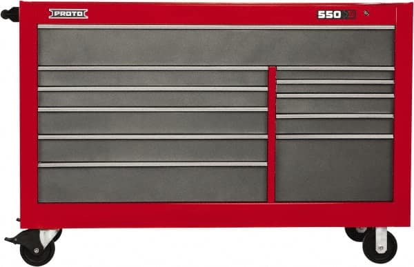 Proto - 35,917 Lb Capacity, 11 Drawer Mobile Workstation - 66" Wide x 27" Deep x 46" High, Steel, Safety Red & Gray - Exact Tooling