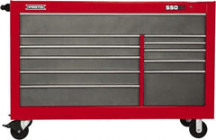 Proto - 35,917 Lb Capacity, 11 Drawer Mobile Workstation - 66" Wide x 27" Deep x 46" High, Steel, Safety Red & Gray - Exact Tooling