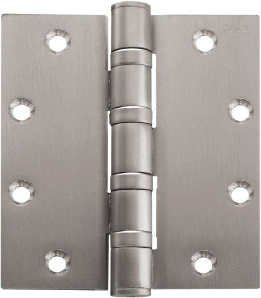 Stanley - 5" Long x 5" Wide Carbon Alloy Steel Full Mortise Hinge - Bright Brass Plated Finish, 5 Knuckles, 8 Holes - Exact Tooling
