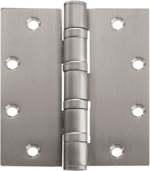 Stanley - 5" Long x 4-1/2" Wide Carbon Alloy Steel Full Mortise Hinge - Satin Chrome Plated Finish, 5 Knuckles, 8 Holes - Exact Tooling