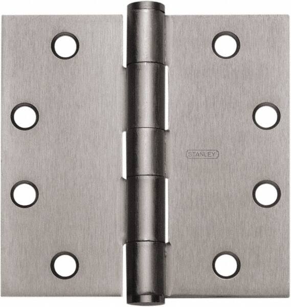 Stanley - 4" Long x 4" Wide Carbon Alloy Steel Full Mortise Hinge - Satin Chrome Plated Finish, 5 Knuckles, 8 Holes - Exact Tooling