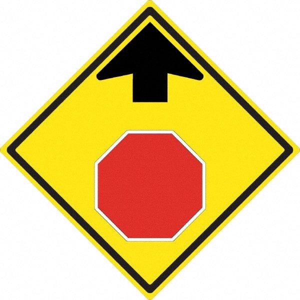 NMC - "Up Arrow, Stop Symbol", 24" Wide x 24" High, Aluminum Stop & Yield Signs - 0.08" Thick, Red & Black on Yellow, High Intensity Reflectivity, Diamond, Post Mount - Exact Tooling