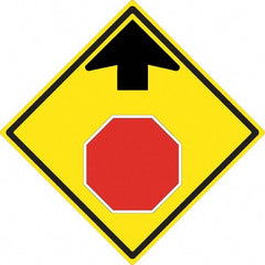 NMC - "Up Arrow, Stop Symbol", 24" Wide x 24" High, Aluminum Stop & Yield Signs - 0.08" Thick, Red & Black on Yellow, High Intensity Reflectivity, Diamond, Post Mount - Exact Tooling