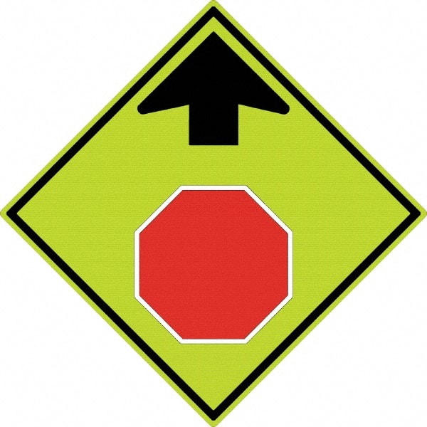 NMC - "Up Arrow, Stop Symbol", 30" Wide x 30" High, Aluminum Stop & Yield Signs - 0.08" Thick, Red & Black on Yellow, Diamond Grade Reflectivity, Diamond, Post Mount - Exact Tooling