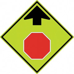 NMC - "Up Arrow, Stop Symbol", 30" Wide x 30" High, Aluminum Stop & Yield Signs - 0.08" Thick, Red & Black on Yellow, Diamond Grade Reflectivity, Diamond, Post Mount - Exact Tooling