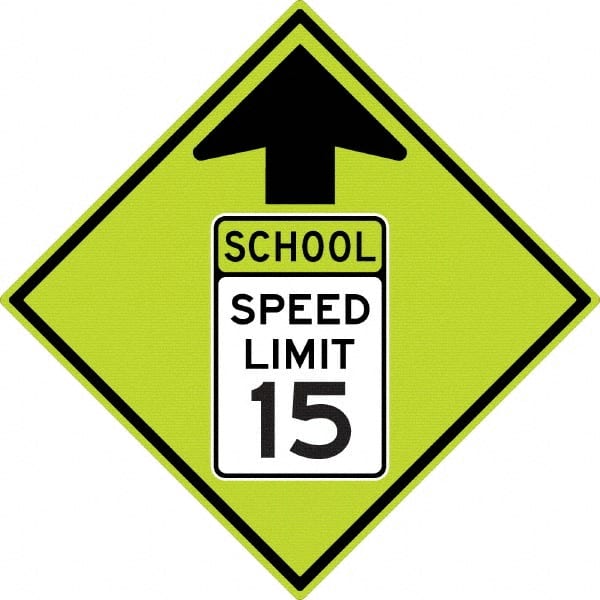 NMC - "School Speed Limit 15", "Up Arrow", 30" Wide x 30" High, Aluminum Warning & Safety Reminder Signs - 0.08" Thick, Black/Green, Diamond Grade Reflectivity, Diamond, Post Mount - Exact Tooling