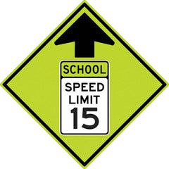 NMC - "School Speed Limit 15", "Up Arrow", 30" Wide x 30" High, Aluminum Warning & Safety Reminder Signs - 0.08" Thick, Black/Green, Diamond Grade Reflectivity, Diamond, Post Mount - Exact Tooling