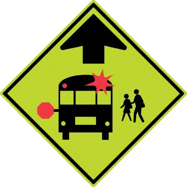 NMC - "School Bus", 30" Wide x 30" High, Aluminum Warning & Safety Reminder Signs - 0.08" Thick, Red & Black on Yellow, Diamond Grade Reflectivity, Diamond, Post Mount - Exact Tooling