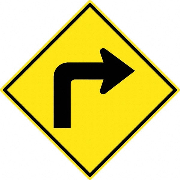 NMC - "Right Turn Arrow", 30" Wide x 30" High, Aluminum Traffic Control Signs - 0.08" Thick, Black on Yellow, High Intensity Reflectivity, Diamond, Post Mount - Exact Tooling