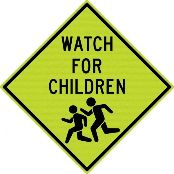 NMC - "Watch For Children", "Children Running", 30" Wide x 30" High, Aluminum Warning & Safety Reminder Signs - 0.08" Thick, Black on Yellow, Diamond Grade Reflectivity, Diamond, Post Mount - Exact Tooling