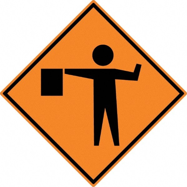 NMC - "Worker w/Directional Flag", 30" Wide x 30" High, Aluminum Construction Roadway Signs - 0.08" Thick, Black on Orange, High Intensity Reflectivity, Diamond, Post Mount - Exact Tooling