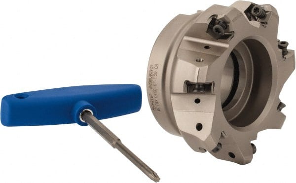 Iscar - 3.398" Cut Diam, 1-1/2" Arbor Hole, 0.138" Max Depth of Cut, 30° Indexable Chamfer & Angle Face Mill - 7 Inserts, H600 WXCU 08 Insert, Right Hand Cut, 7 Flutes, Through Coolant, Series Helido - Exact Tooling