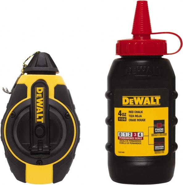 DeWALT - 100' Long Reel & Chalk Set - Yellow & Black, Includes 4 oz Red Chalk - Exact Tooling