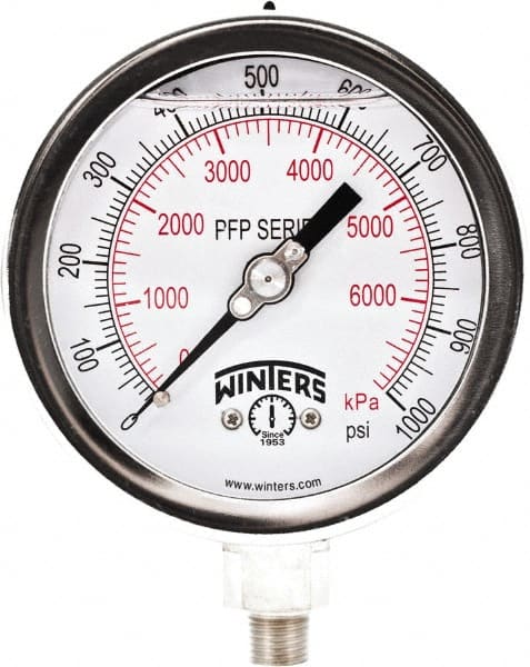 Winters - 4" Dial, 1/4 Thread, 0-1,000 Scale Range, Pressure Gauge - Bottom Connection Mount, Accurate to 0.01% of Scale - Exact Tooling