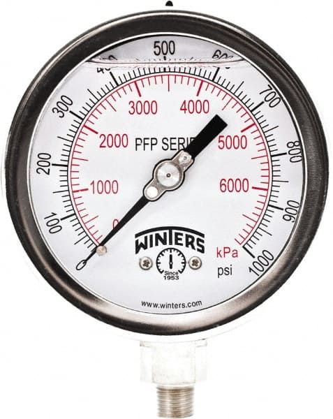 Winters - 4" Dial, 1/4 Thread, 0-1,000 Scale Range, Pressure Gauge - Bottom Connection Mount, Accurate to 1% Full-Scale of Scale - Exact Tooling