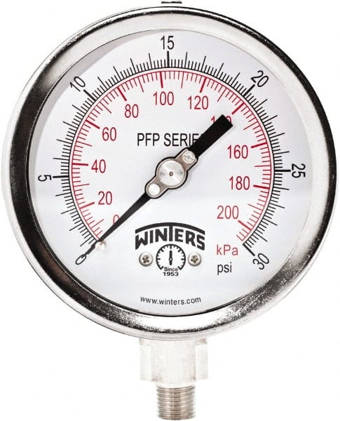 Winters - 4" Dial, 1/4 Thread, 0-30 Scale Range, Pressure Gauge - Bottom Connection Mount, Accurate to 0.01% of Scale - Exact Tooling