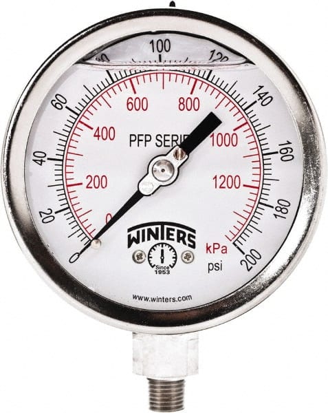 Winters - 4" Dial, 1/4 Thread, 0-200 Scale Range, Pressure Gauge - Bottom Connection Mount, Accurate to 1% Full-Scale of Scale - Exact Tooling