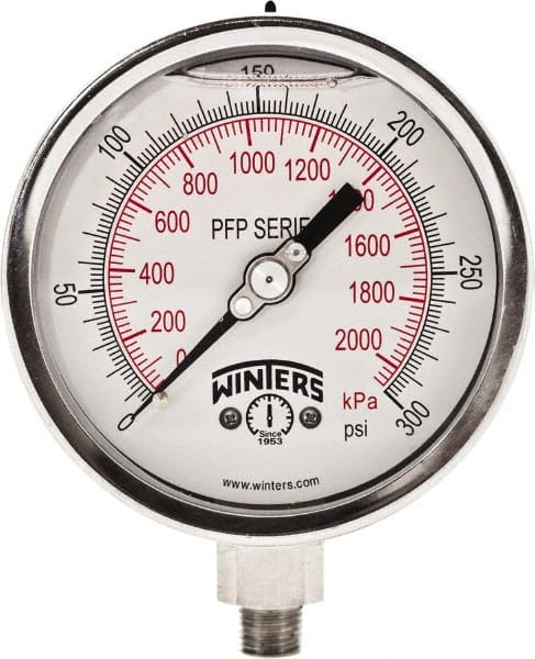 Winters - 4" Dial, 1/4 Thread, 0-300 Scale Range, Pressure Gauge - Bottom Connection Mount, Accurate to 0.01% of Scale - Exact Tooling