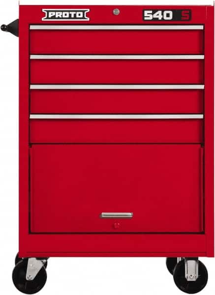Proto - 4 Drawer Steel Tool Roller Cabinet - 27" Wide x 42" High x 18" Deep, Ball Bearing Drawer Slides, Red - Exact Tooling