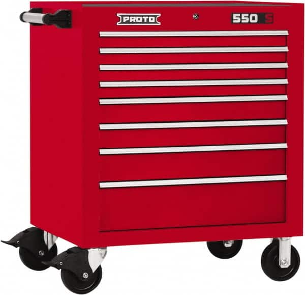 Proto - 8 Drawer Steel Tool Roller Cabinet - 34" Wide x 41" High x 25-1/4" Deep, Ball Bearing Drawer Slides, Red - Exact Tooling