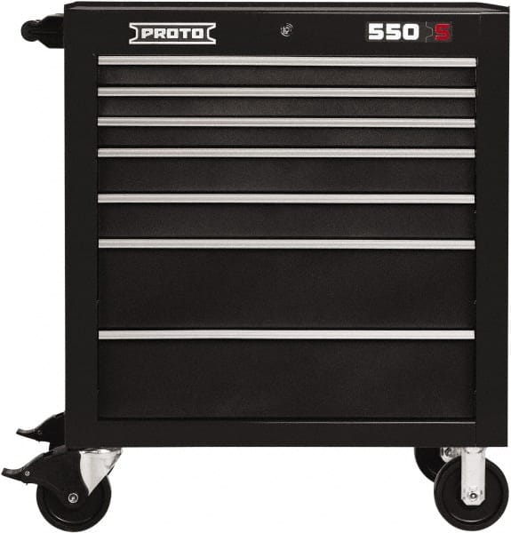 Proto - 7 Drawer Steel Tool Roller Cabinet - 34" Wide x 41" High x 25-1/4" Deep, Ball Bearing Drawer Slides, Black - Exact Tooling