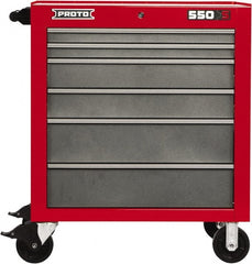 Proto - 6 Drawer Steel Tool Roller Cabinet - 34" Wide x 41" High x 25-1/4" Deep, Ball Bearing Drawer Slides, Safety Red/Gray - Exact Tooling