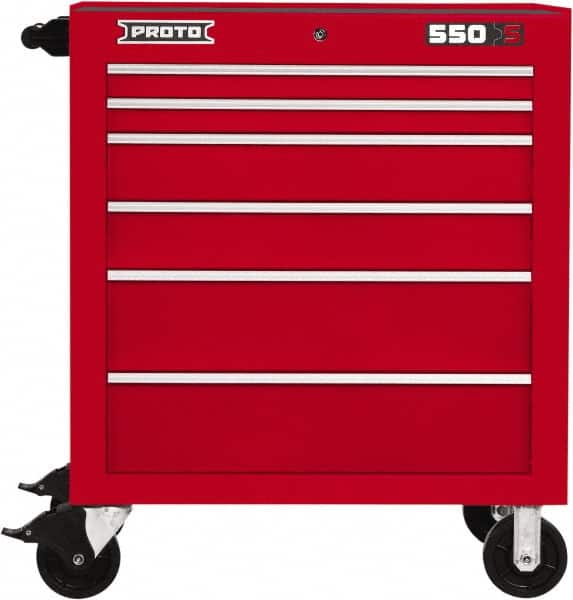 Proto - 6 Drawer Steel Tool Roller Cabinet - 34" Wide x 41" High x 25-1/4" Deep, Ball Bearing Drawer Slides, Red - Exact Tooling