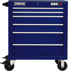 Proto - 6 Drawer Steel Tool Roller Cabinet - 34" Wide x 41" High x 25-1/4" Deep, Ball Bearing Drawer Slides, Blue - Exact Tooling