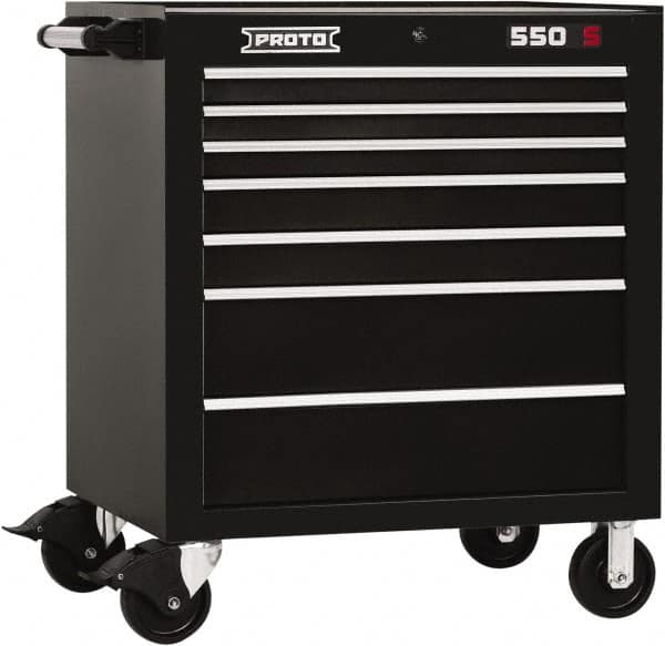 Proto - 7 Drawer Steel Tool Roller Cabinet - 34" Wide x 41" High x 25-1/4" Deep, Ball Bearing Drawer Slides, Black - Exact Tooling