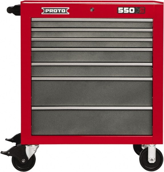 Proto - 7 Drawer Steel Tool Roller Cabinet - 34" Wide x 41" High x 25-1/4" Deep, Ball Bearing Drawer Slides, Safety Red/Gray - Exact Tooling