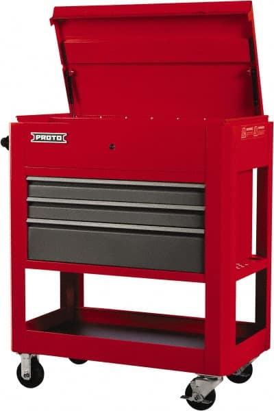 Proto - 23" Wide x 46" High x 30" Deep, 3 Drawer Tool Cart - 3,600 Lb Capacity, Steel, Safety Red/Gray - Exact Tooling