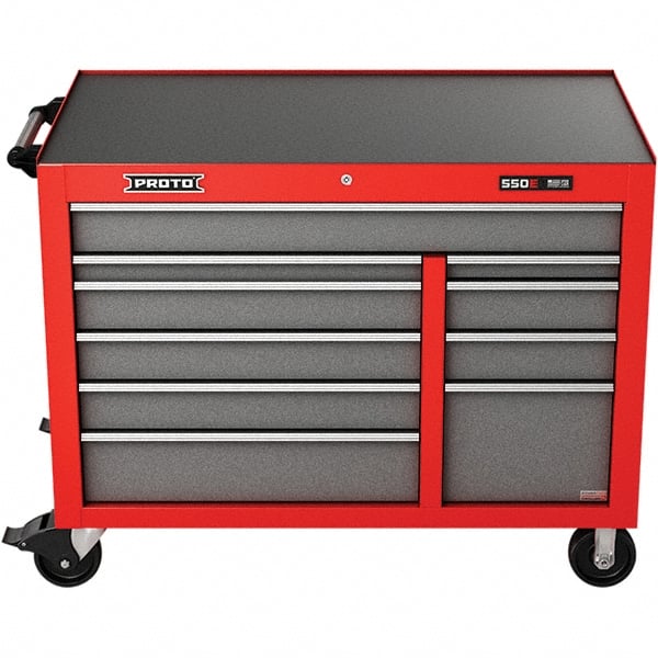 Proto - 23,419 Lb Capacity, 10 Drawer Mobile Power Workstation - 50" Wide x 25-1/4" Deep x 41" High, Steel, Safety Red & Gray - Exact Tooling