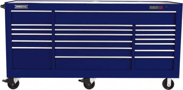 Proto - 48,654 Lb Capacity, 18 Drawer Mobile Workstation - 88-1/4" Wide x 27" Deep x 46-3/8" High, Steel, Blue - Exact Tooling