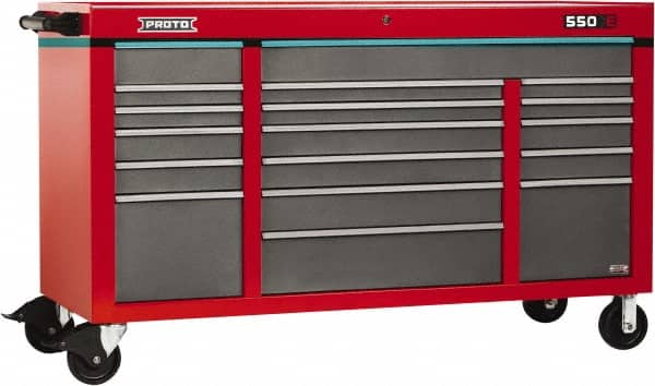 Proto - 30,144 Lb Capacity, 18 Drawer Mobile Power Workstation - 67" Wide x 25-1/4" Deep x 41" High, Steel, Safety Red & Gray - Exact Tooling