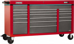 Proto - 30,144 Lb Capacity, 18 Drawer Mobile Power Workstation - 67" Wide x 25-1/4" Deep x 41" High, Steel, Safety Red & Gray - Exact Tooling