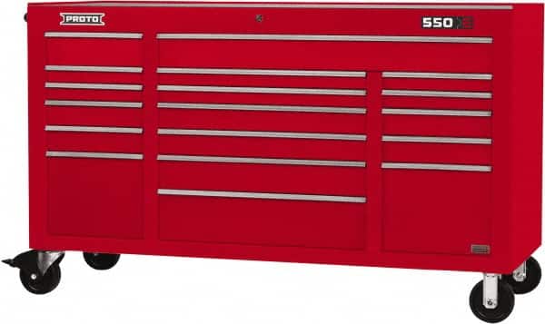 Proto - 30,144 Lb Capacity, 18 Drawer Mobile Power Workstation - 67" Wide x 25-1/4" Deep x 41" High, Steel, Red - Exact Tooling