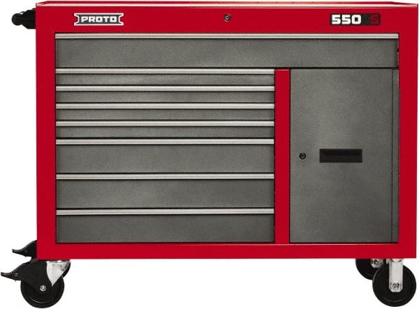 Proto - 18,920 Lb Capacity, 8 Drawer Mobile Workstation - 50" Wide x 25-1/4" Deep x 41" High, Steel, Safety Red & Gray - Exact Tooling