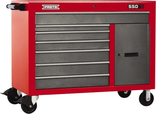 Proto - 18,109 Lb Capacity, 7 Drawer Mobile Workstation - 50" Wide x 25-1/4" Deep x 41" High, Steel, Safety Red & Gray - Exact Tooling