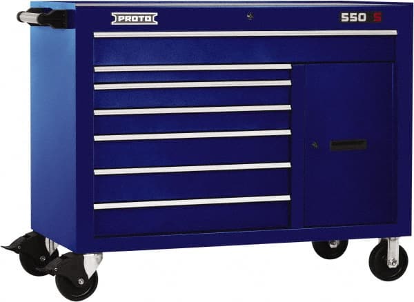 Proto - 18,109 Lb Capacity, 7 Drawer Mobile Workstation - 50" Wide x 25-1/4" Deep x 41" High, Steel, Blue - Exact Tooling