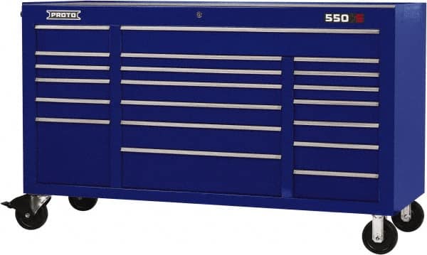Proto - 30,519 Lb Capacity, 20 Drawer Mobile Workstation - 67" Wide x 25-1/4" Deep x 41" High, Steel, Blue - Exact Tooling