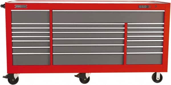 Proto - 48,115 Lb Capacity, 22 Drawer Mobile Workstation - 88-1/4" Wide x 27" Deep x 46-3/8" High, Steel, Safety Red & Gray - Exact Tooling