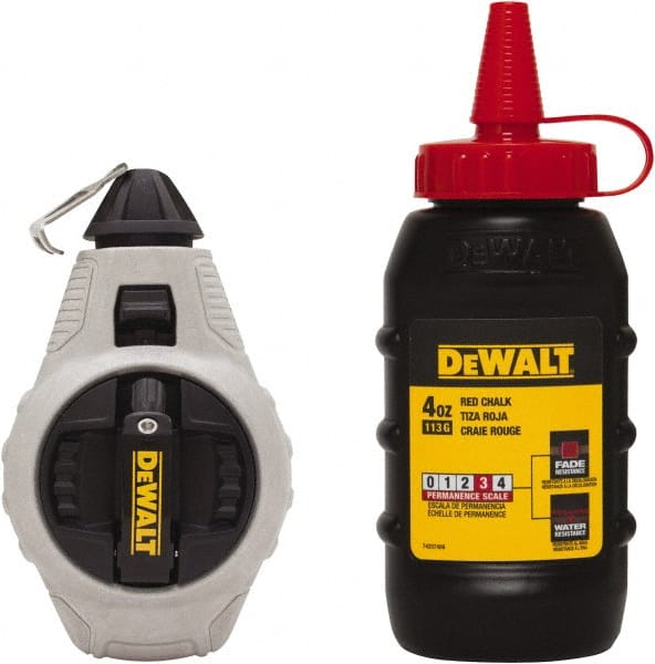 DeWALT - 100' Long Reel & Chalk Set - Silver & Black, Includes 4 oz Red Chalk - Exact Tooling